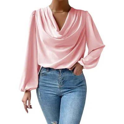 Chiffon Lantern Sleeve V-Neck Women Solid Color Pullover Blouse