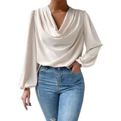 Chiffon Lantern Sleeve V-Neck Women Solid Color Pullover Blouse