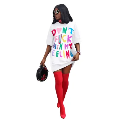 Women Fashion Casual Multicolor Contrast Letter Long T-Shirt Dress