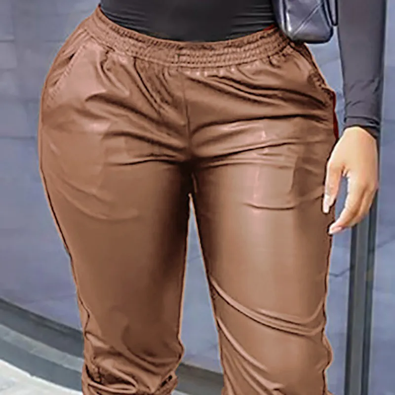 Boiiwant Women Leather Pants Solid Color Elastic Tummy Control