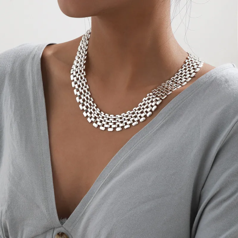 Women Exaggerated Fashion Hollow Punk Hip-Hop Silver Wide Chain Necklace