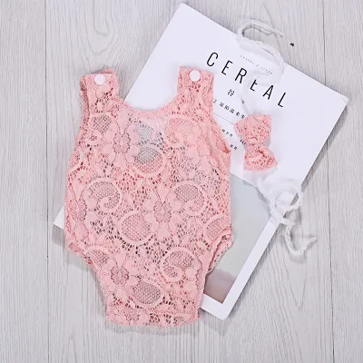Newborn Baby Girls Lace Hollow Bow Bodysuit Photo Props Toddler Sleeveless Triangle Bodysuit Unisex