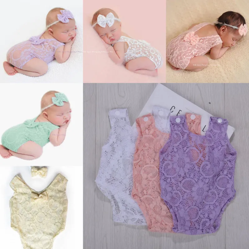 Newborn Baby Girls Lace Hollow Bow Bodysuit Photo Props Toddler Sleeveless Triangle Bodysuit Unisex