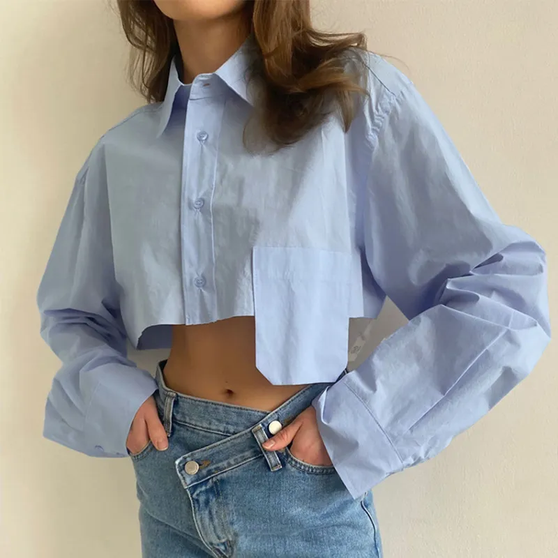 Asymmetric Patchwork Women Casual Long Sleeve Crop Blouse