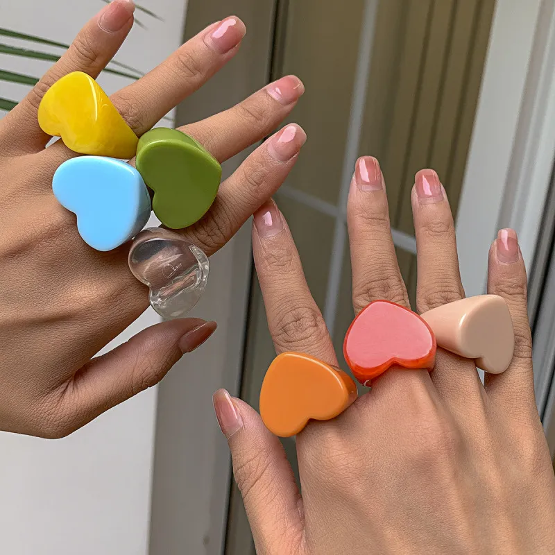 Women Fashion Candy Color Heart Resin Ring