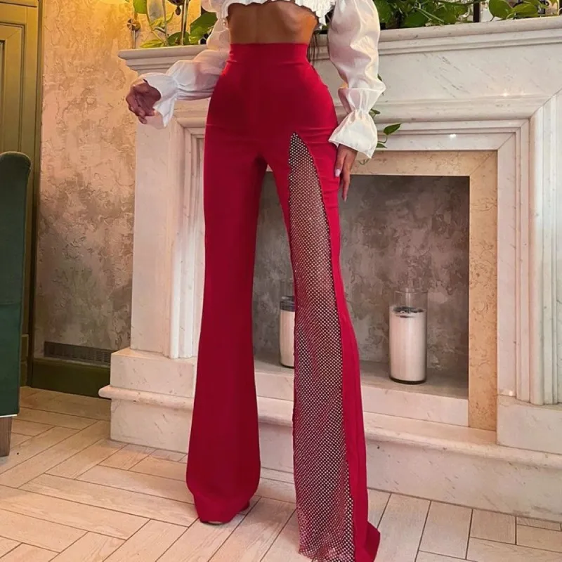 Women Slim Fit Sexy Slit Mesh High Waist Hip Casual Pants