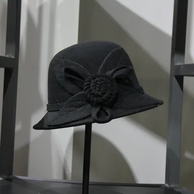 Women Elegant Solid Color Woolen Floral Bucket Hat