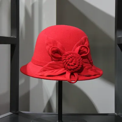 Women Elegant Solid Color Woolen Floral Bucket Hat