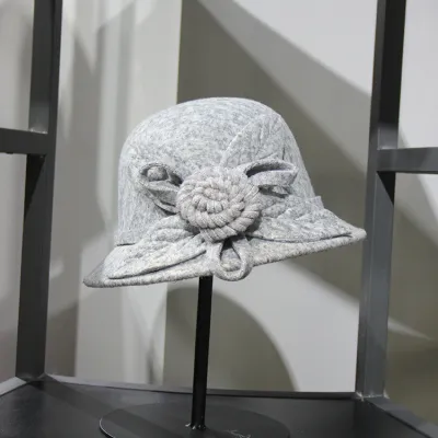 Women Elegant Solid Color Woolen Floral Bucket Hat