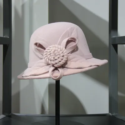 Women Elegant Solid Color Woolen Floral Bucket Hat