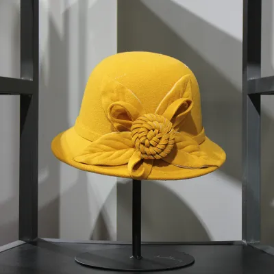 Women Elegant Solid Color Woolen Floral Bucket Hat