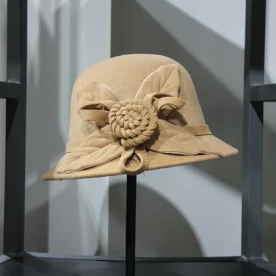 Women Elegant Solid Color Woolen Floral Bucket Hat