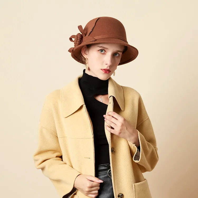 Women Elegant Solid Color Woolen Floral Bucket Hat