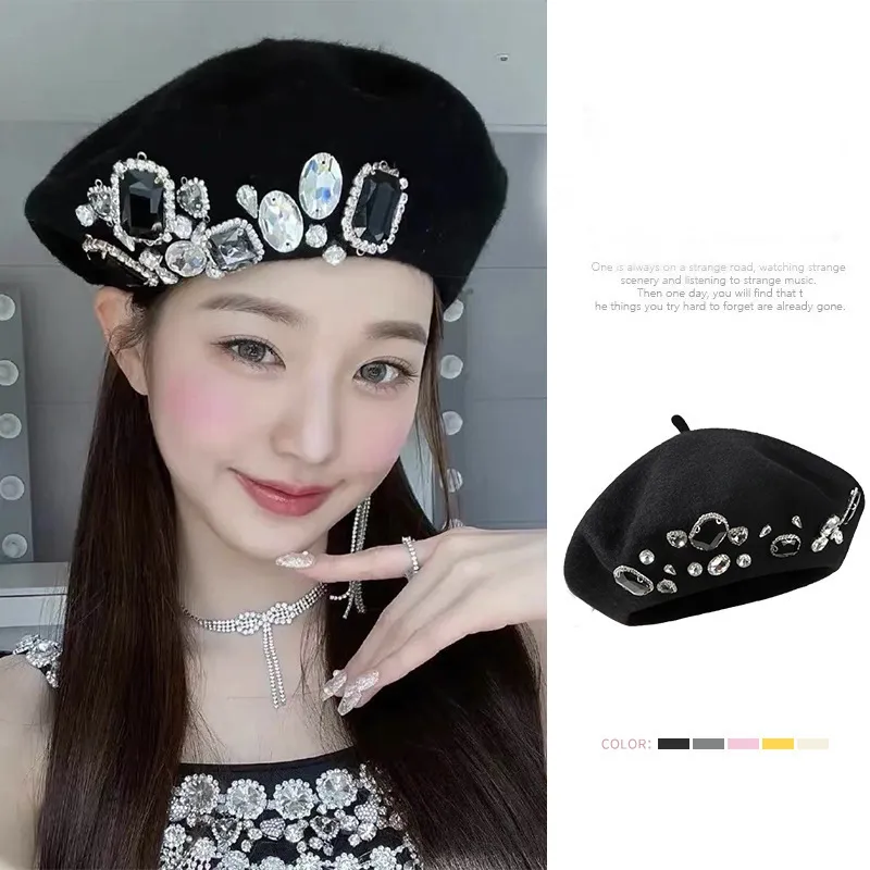 Women's Fashion Wool Rhinestone Pumpkin Beret Hat Dome Style