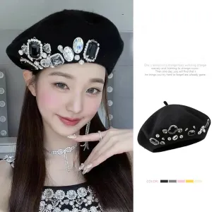 Women's Fashion Wool Rhinestone Pumpkin Beret Hat Dome Style