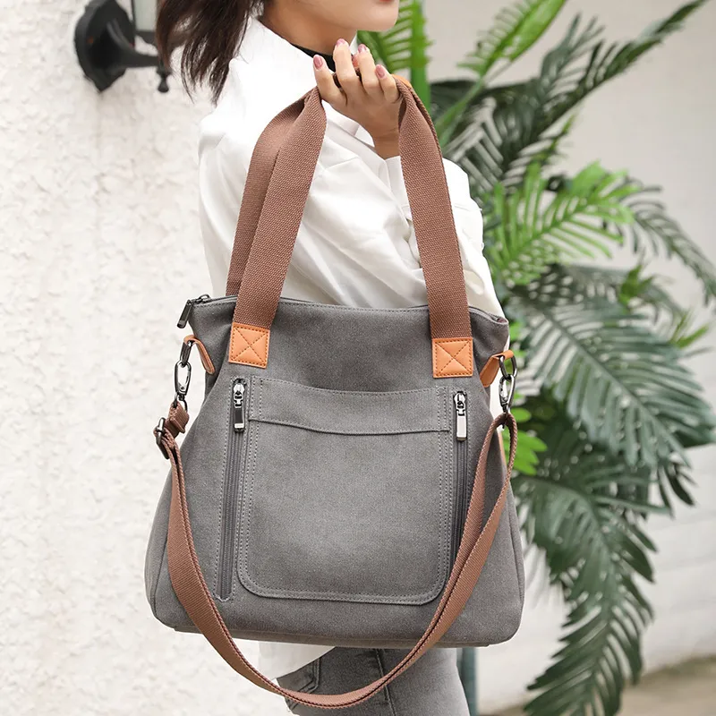Women Casual Hand-Held Zipper Large Capacity Canvas Commuter Bag