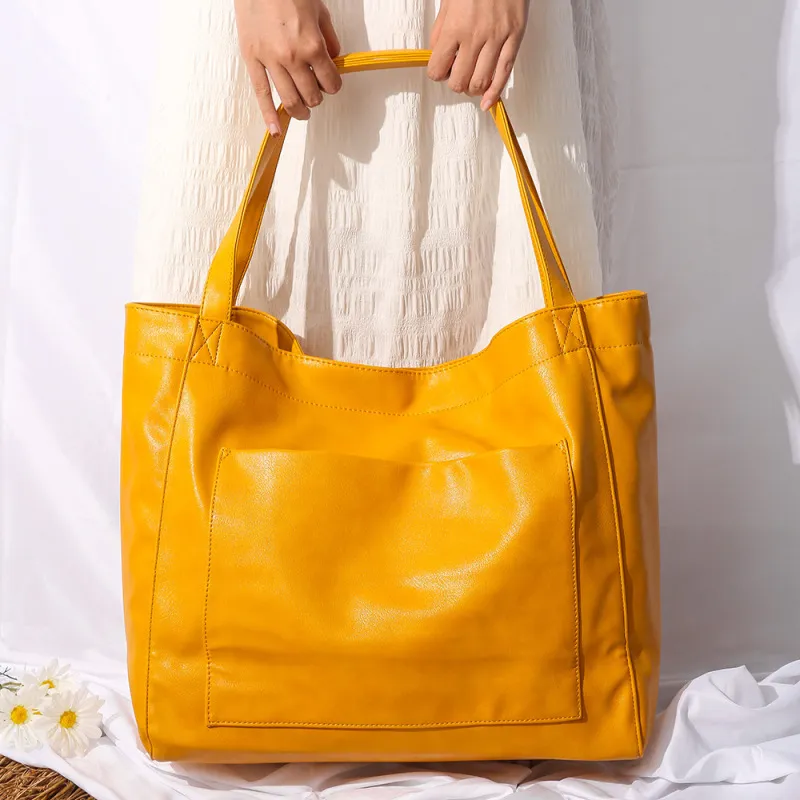 Women Casual Solid Color Soft PU Leather Large Capacity Tote Bag