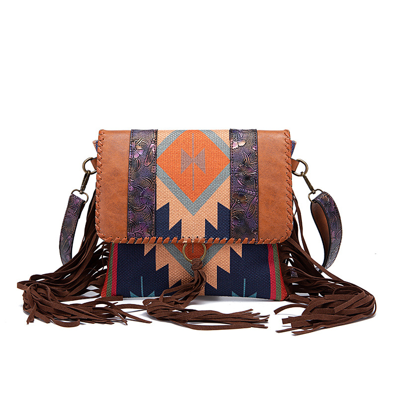 Wholesale Women Vintage Boho Hand Woven Tassel Geometry Pattern Bags