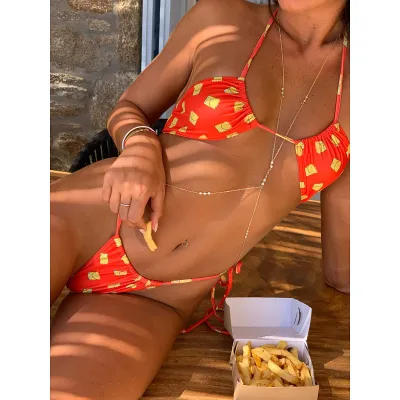 Women Vacation Multicolor Banana Polka Dot Paisley Split Bikini Backless Swimwear