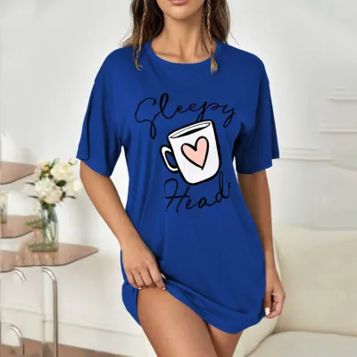 Cozy Short-Sleeved Nightdress Women Printed Round Neck Sleepwear