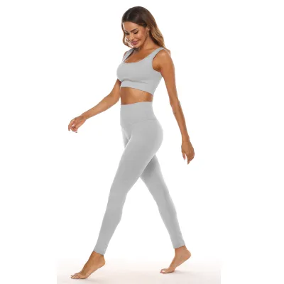 Women Solid Color U-Neck Vest Short Top And High Waist Pants Sports Yoga Casual Two Piece Set