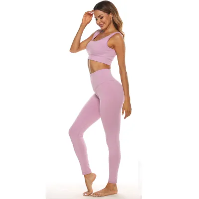 Women Solid Color U-Neck Vest Short Top And High Waist Pants Sports Yoga Casual Two Piece Set