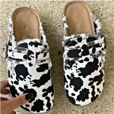 Women Fashion Vintage Casual Leopard Cow Pattern Flat Cover-Toe Suede Slippers Mules