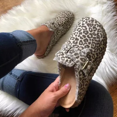 Women Fashion Vintage Casual Leopard Cow Pattern Flat Cover-Toe Suede Slippers Mules