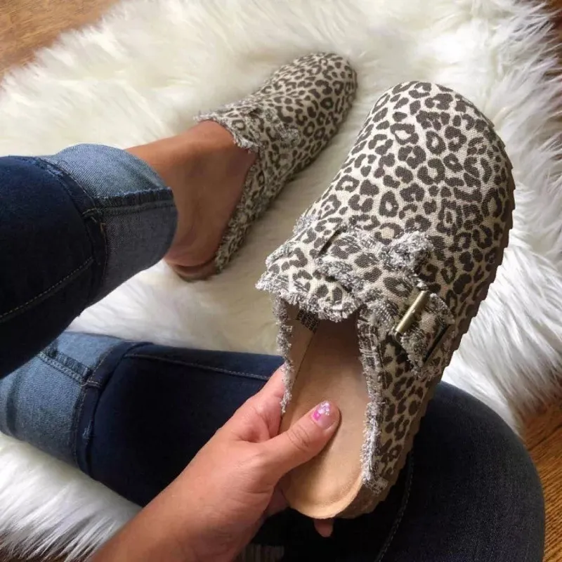 Women Fashion Vintage Casual Leopard Cow Pattern Flat Cover-Toe Suede Slippers Mules