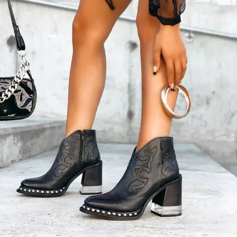 Women Fashion Vintage Boho Embroidered Chunky Heel Short Boots