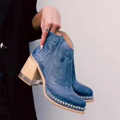 Women Fashion Vintage Boho Embroidered Chunky Heel Short Boots