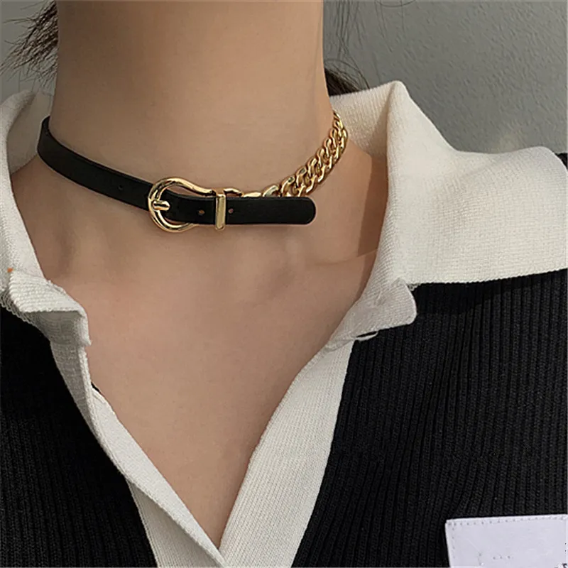Women's Fashion Punk Style Belt Stitched Chain Alloy Necklace