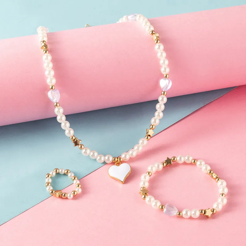 Children Toddlers Girls Heart Necklace Ring Bracelet 3pcs Set Glass Ball Chain Love Pattern