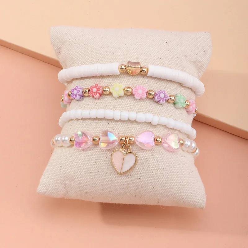 Kids Toddlers Girls Flower Heart Bead Bracelet Set Toys