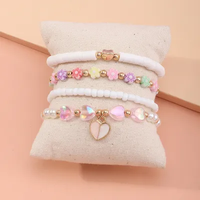 Kids Toddlers Girls Flower Heart Bead Bracelet Set Toys