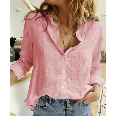 Women Casual Loose Fit Long Sleeve Cotton Blouse