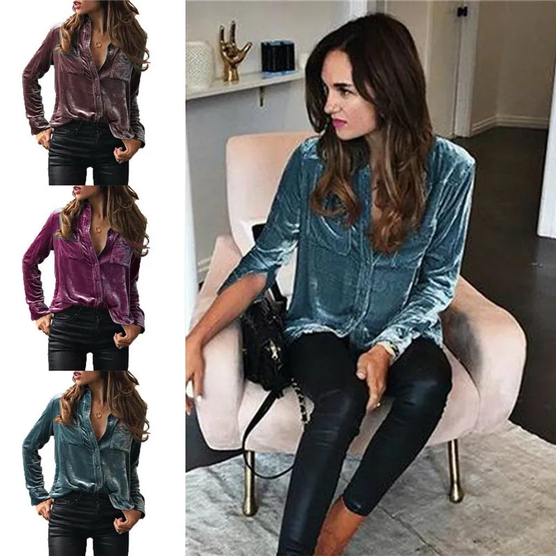 Women Vintage Velvet Lapel Blouse Casual Street Solid Color Cardigan