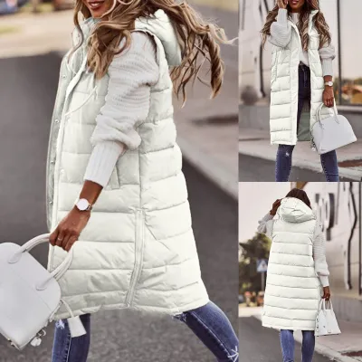 Solid Color Hooded Single-Breasted Mid-Length Quilted Women Plus Size Sleeveless Over Coat