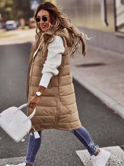 Solid Color Hooded Single-Breasted Mid-Length Quilted Women Plus Size Sleeveless Over Coat