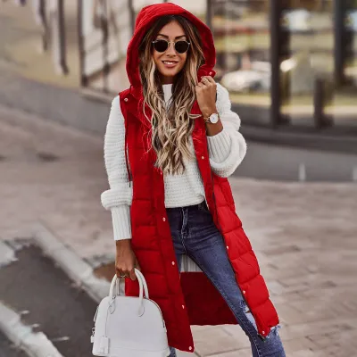 Solid Color Hooded Single-Breasted Mid-Length Quilted Women Plus Size Sleeveless Over Coat