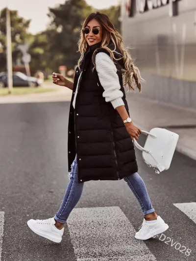 Solid Color Hooded Single-Breasted Mid-Length Quilted Women Plus Size Sleeveless Over Coat