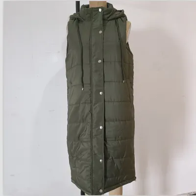 Solid Color Hooded Single-Breasted Mid-Length Quilted Women Plus Size Sleeveless Over Coat