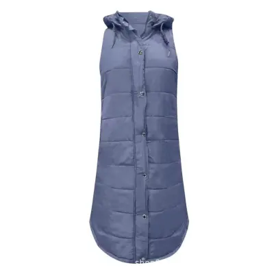 Solid Color Hooded Single-Breasted Mid-Length Quilted Women Plus Size Sleeveless Over Coat