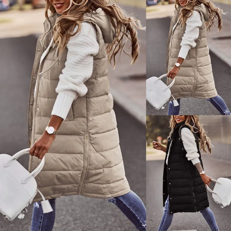 Solid Color Hooded Single-Breasted Mid-Length Quilted Women Plus Size Sleeveless Over Coat
