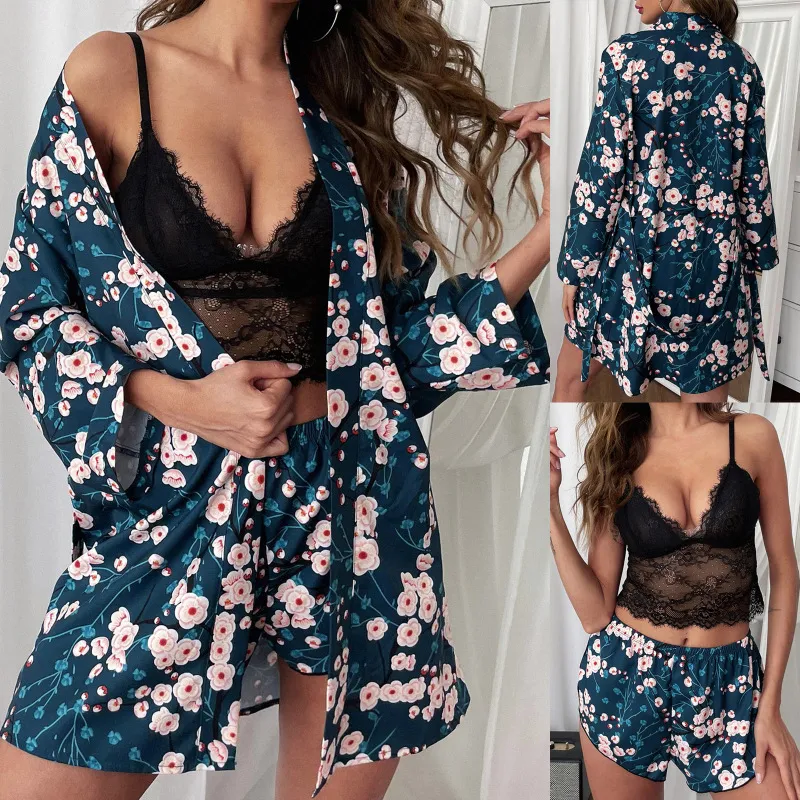 Fashionable Sexy Women Lace Patchwork Floral Lingerie Sleeprobe Set