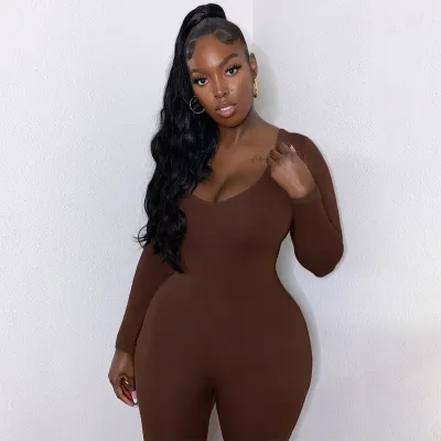 Women Solid Color Low Cut Long Sleeve Slim Waist Casual Jumpsuit
