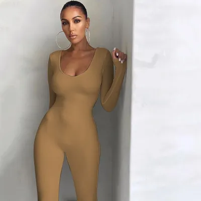 Women Solid Color Low Cut Long Sleeve Slim Waist Casual Jumpsuit