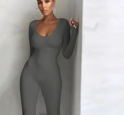 Women Solid Color Low Cut Long Sleeve Slim Waist Casual Jumpsuit