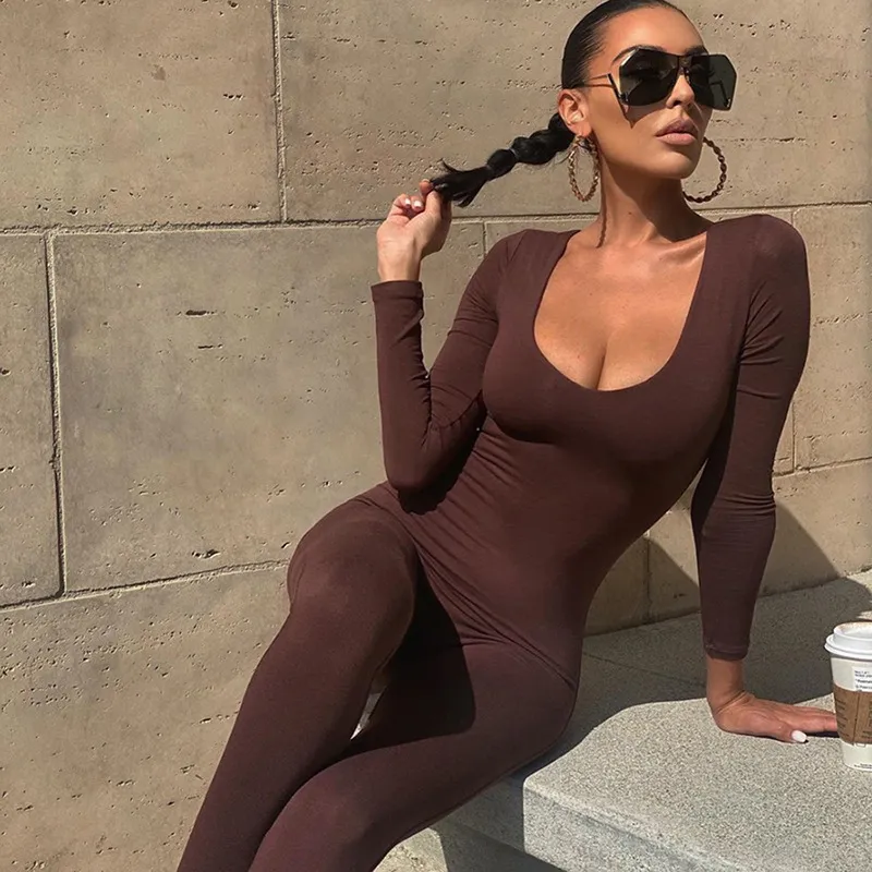 Women Solid Color Low Cut Long Sleeve Slim Waist Casual Jumpsuit