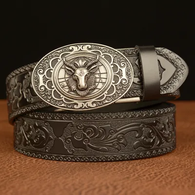 Men Retro Sheep'S Head Pattern Automatic Buckle Leather Belt
